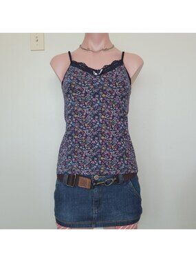 Romantic Floral Bow Lace Coquette Navy Blue Camisole Tank (S)